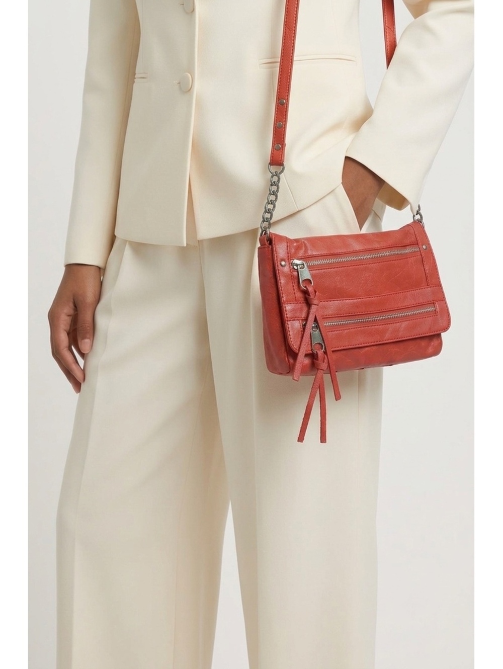 Coeca Red Leather Crossbody Bag with Chain Strap 12x9 in.